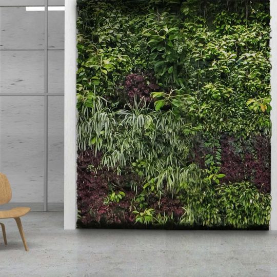 Wertykalny ogród z żywych roślin w dwóch kolorach.